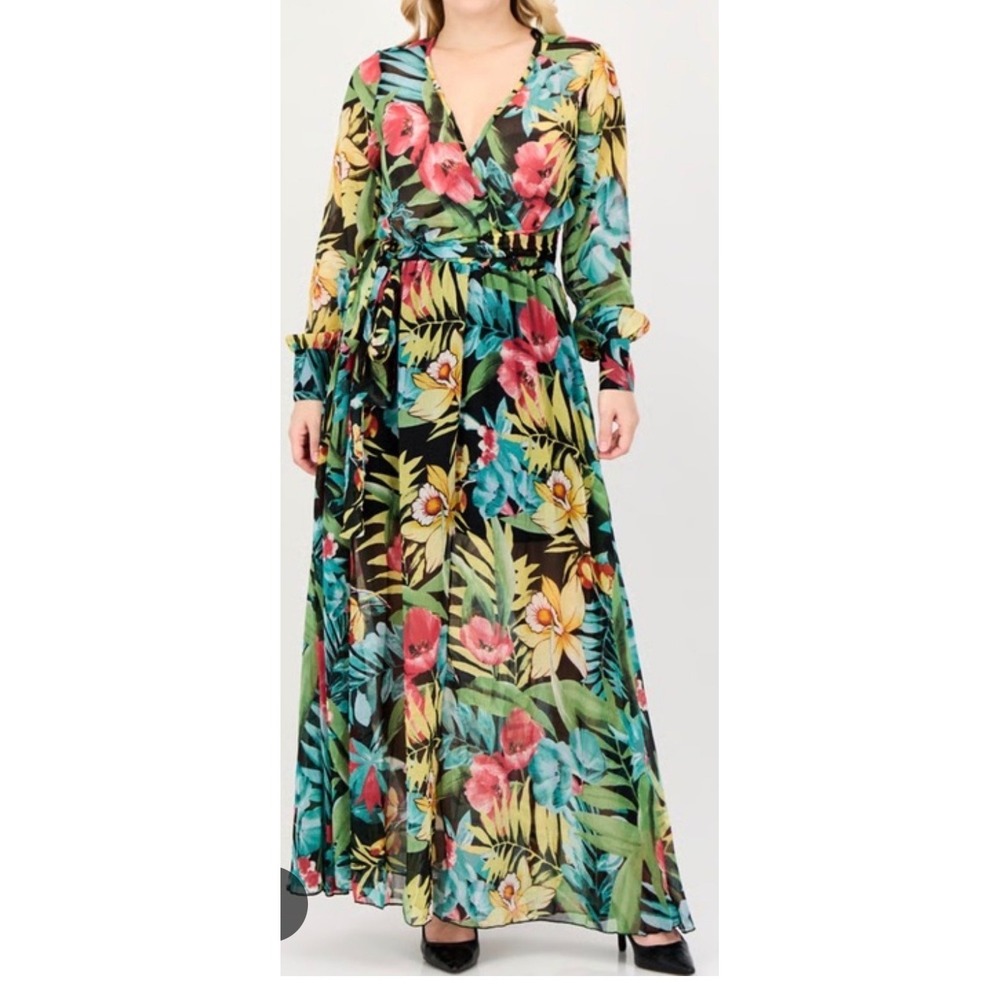 Spy Zone Exchange Tropical Floral Wrap Maxi Dress XL Long Sleeve V-Neck Black